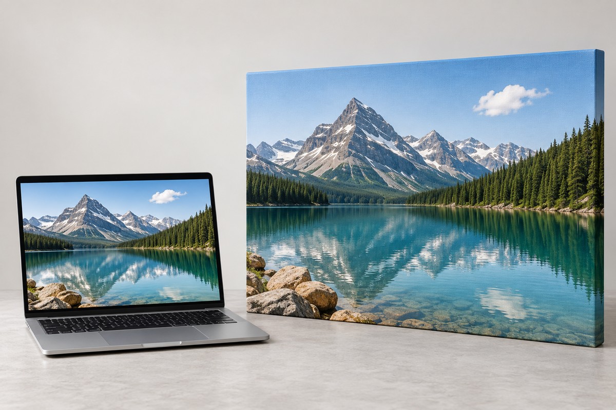 Immagine illustrativa di una fotografia scelta al computer e della stessa immagine stampata su tela