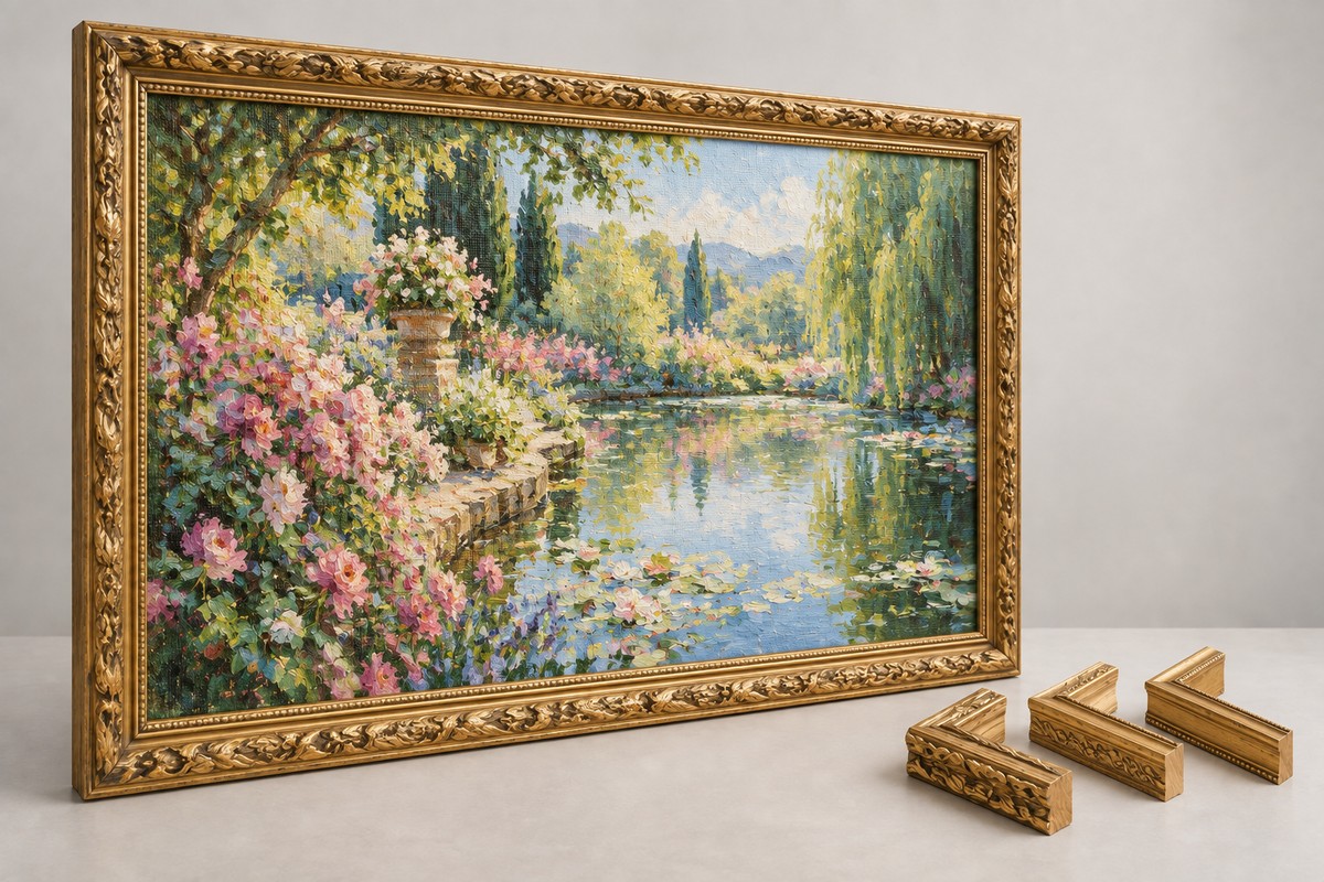 Immagine illustrativa di un quadro su tela in stile impressionista con cornice dorata classica, accanto a campioni di cornici dorate