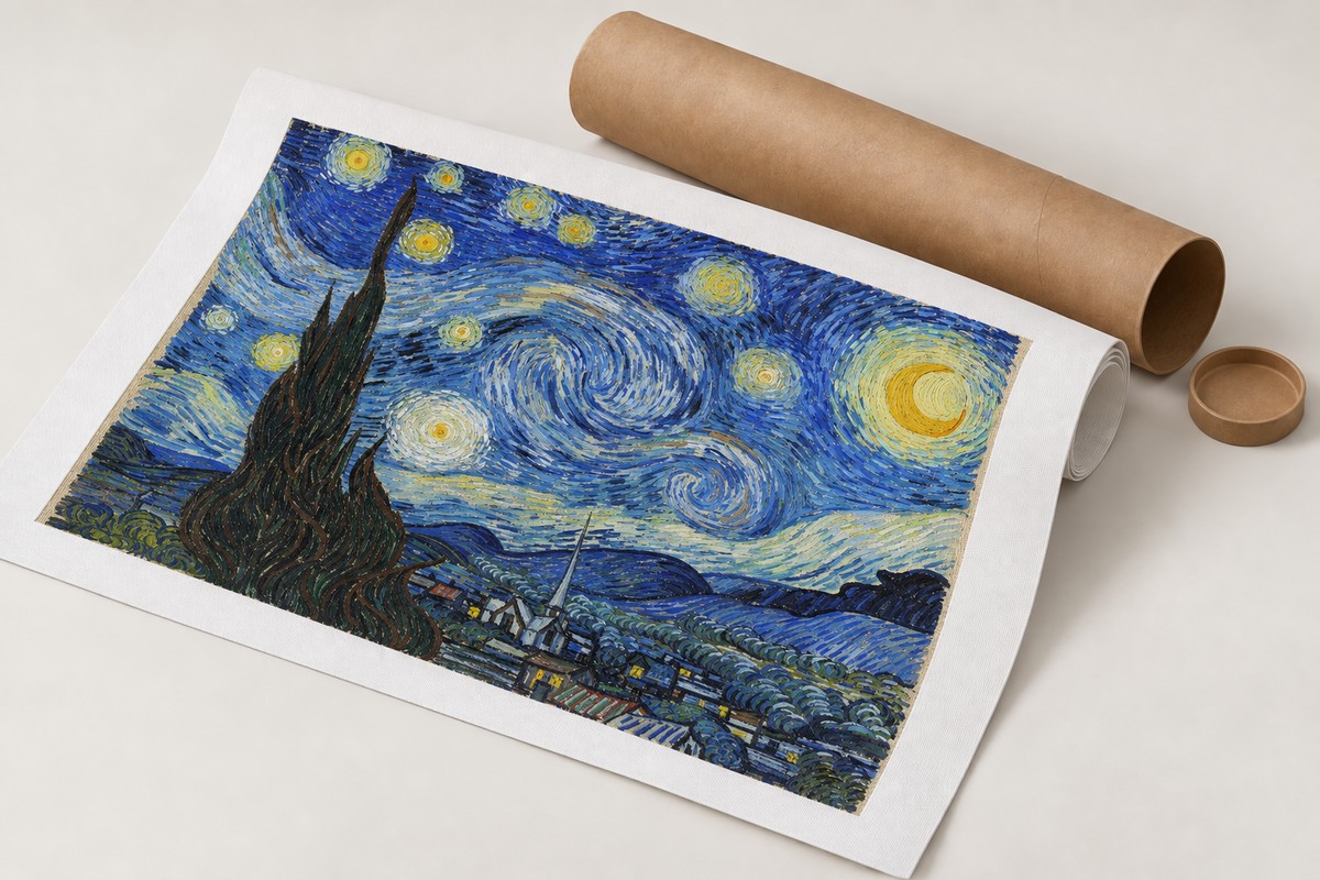 Immagine illustrativa di Notte stellata di Vincent van Gogh stampata su tela, parzialmente arrotolata, accanto al tubo di cartone per la spedizione