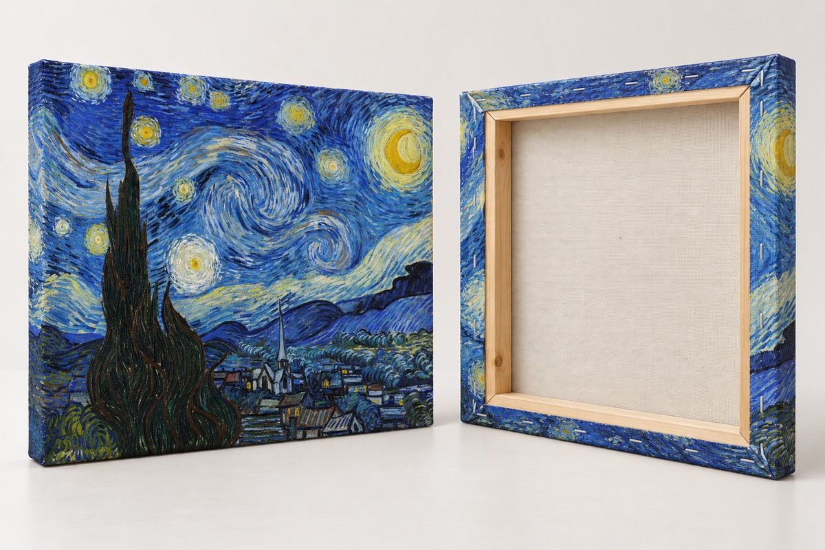 Immagine illustrativa di Notte stellata di Vincent van Gogh montata su telaio: vista frontale del quadro e vista posteriore del telaio in legno